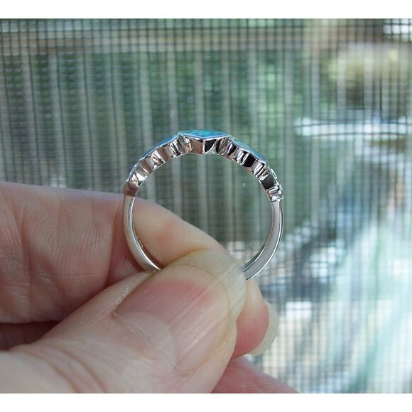 925 STERLING SILVER Lab Created Blue Lavender Fire Opal Hears Ring - Picture 5 of 14